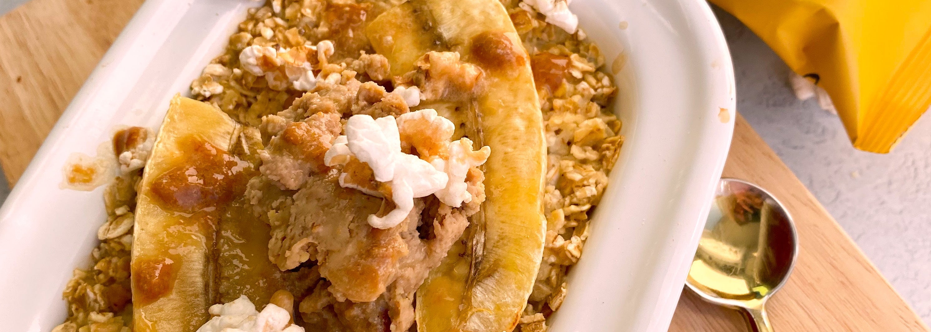 Baked Banana Oats with Toffee Popcorn | Popcorn Shed