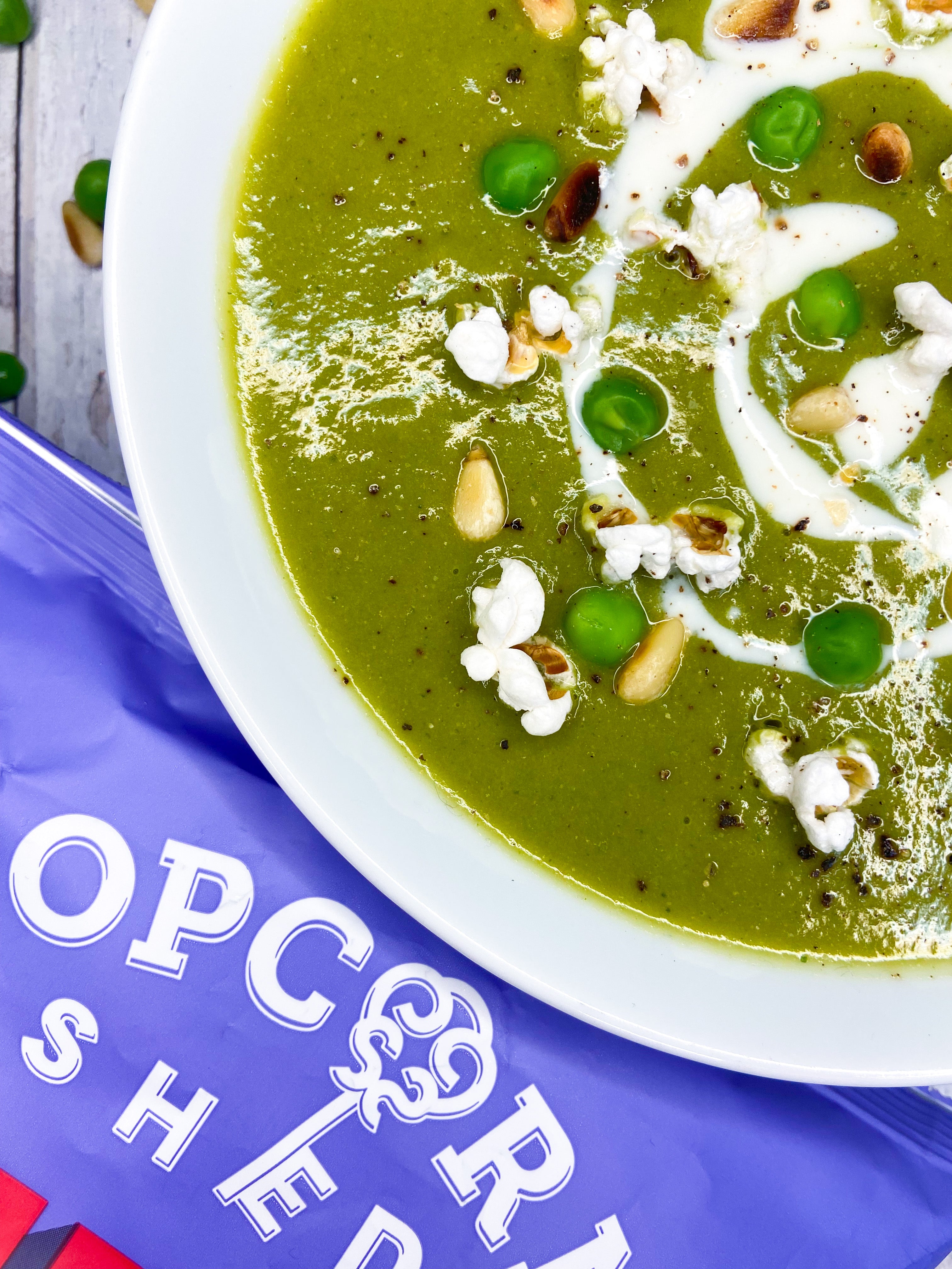 Vegan Pea Soup with Truffle Popcorn
