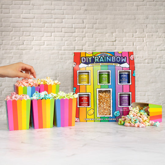 DIY Rainbow Popcorn Colouring Kit lifestyle image with colourful rainbow popcorn