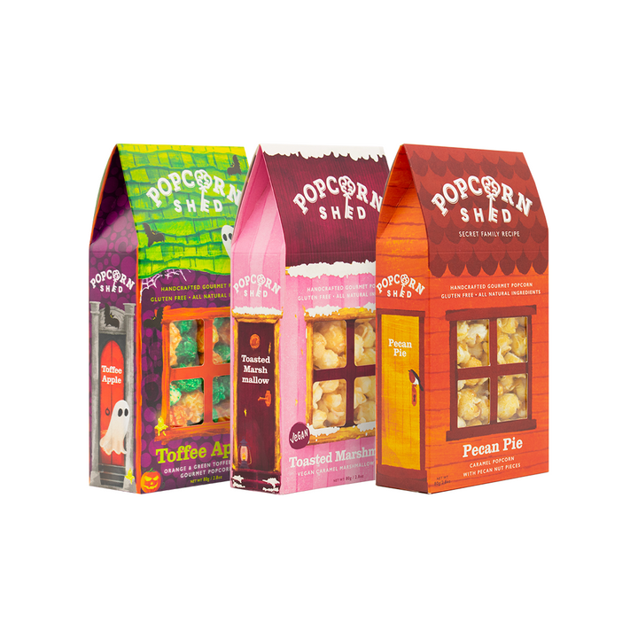 Three Shed Halloween popcorn bundle with Toffee Apple, Pecan Pie and Toasted Marshmallow