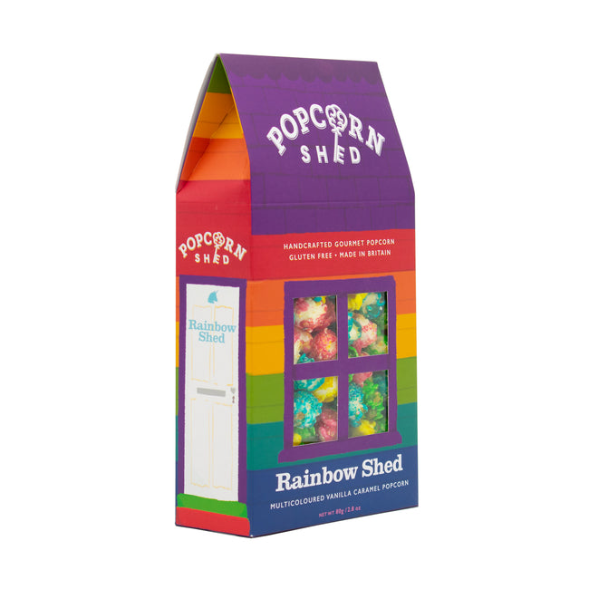 Rainbow Gourmet Popcorn Shed filled with multicoloured vanilla caramel popcorn